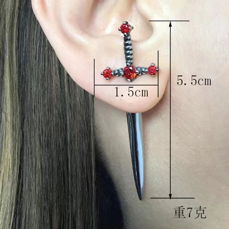 Kiss Jewelry Punk Sword Gothic Kinitial Piercing Earrings for Women Men Goth Crystal Ear Jacket Dagger Stud Earrings Jewelry
