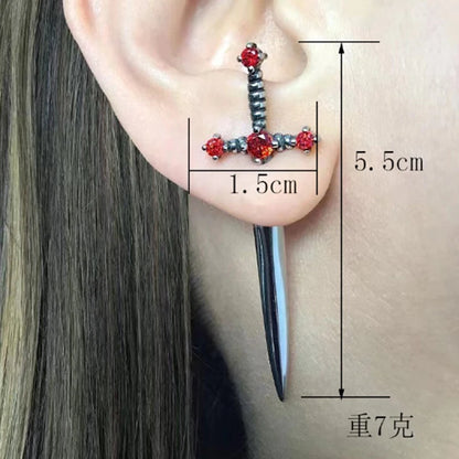 Kiss Jewelry Punk Sword Gothic Kinitial Piercing Earrings for Women Men Goth Crystal Ear Jacket Dagger Stud Earrings Jewelry