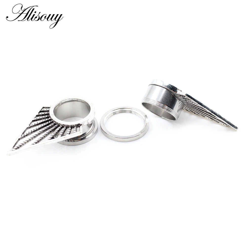 Alisouy 2pcs Stainless Steel Flower Triangle Cone Owl Zircon Star Screw Ear Tunnels Plugs Expander Gauges Body Piercing Jewelry