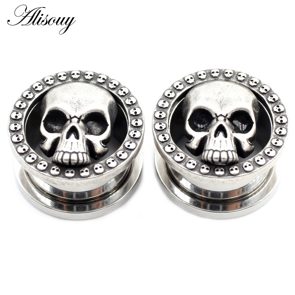 Alisouy 2PCS 8-25mm Stainless Steel Skull Screw Round Ear Gauges Tunnels Plugs Expander Stretcher Earrings Piercing Body Jewelry