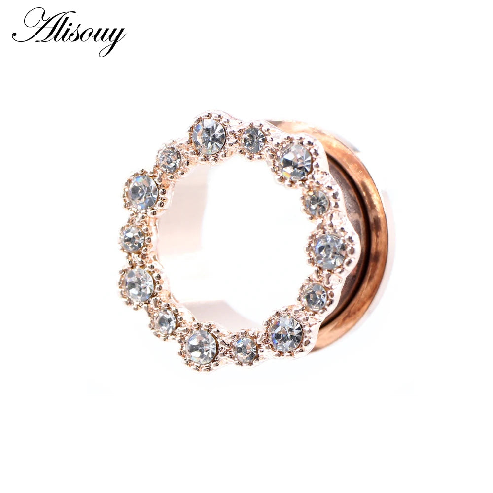 Alisouy 2pcs Stainless Steel Flower Zirconia Moon Star Clock Heart Screw Ear Tunnels Plugs Expander Gauges Body Piercing Jewelry