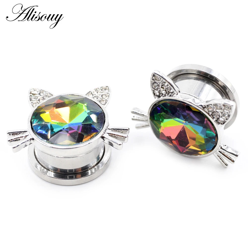 Alisouy 2pcs Stainless Steel Flower Triangle Cone Owl Zircon Star Screw Ear Tunnels Plugs Expander Gauges Body Piercing Jewelry