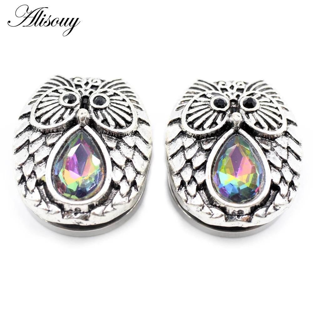 Alisouy 2pcs Stainless Steel Flower Triangle Cone Owl Zircon Star Screw Ear Tunnels Plugs Expander Gauges Body Piercing Jewelry