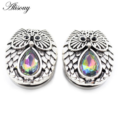 Alisouy 2pcs Stainless Steel Flower Triangle Cone Owl Zircon Star Screw Ear Tunnels Plugs Expander Gauges Body Piercing Jewelry