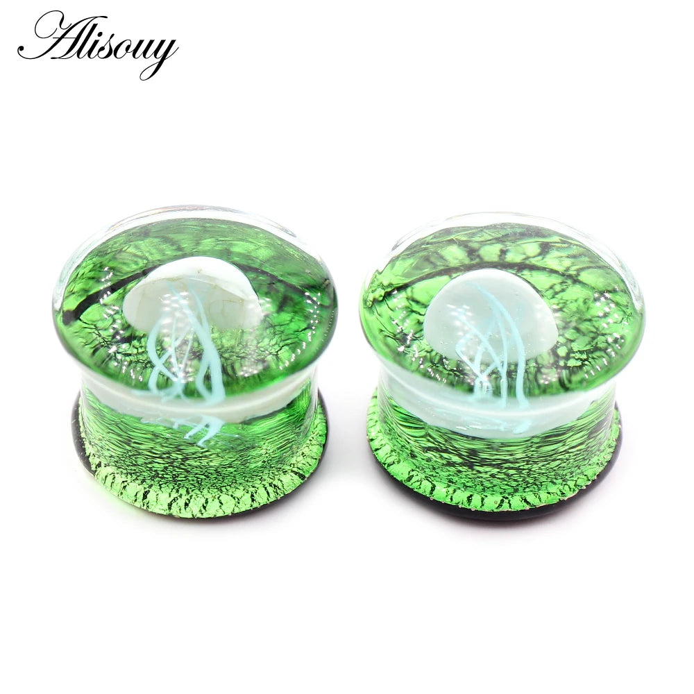 Alisouy 2pcs Transparent Round Glass Luminous Jellyfish Ear Gauges Tunnels Plugs Flesh Stretcher Expander Piercing Body Jewelry