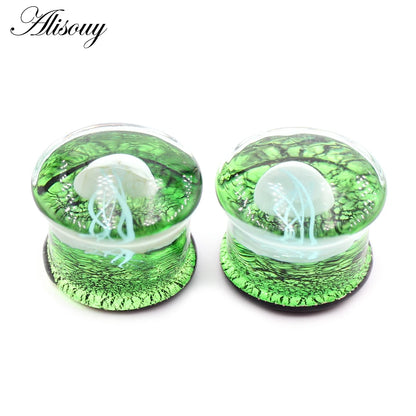 Alisouy 2pcs Transparent Round Glass Luminous Jellyfish Ear Gauges Tunnels Plugs Flesh Stretcher Expander Piercing Body Jewelry