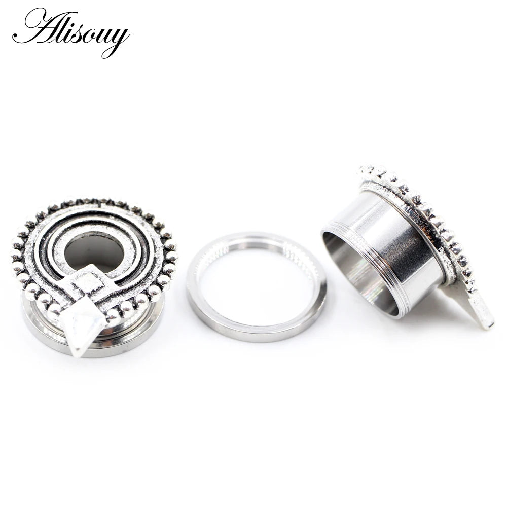 Alisouy 2pcs Stainless Steel Flower Triangle Cone Owl Zircon Star Screw Ear Tunnels Plugs Expander Gauges Body Piercing Jewelry