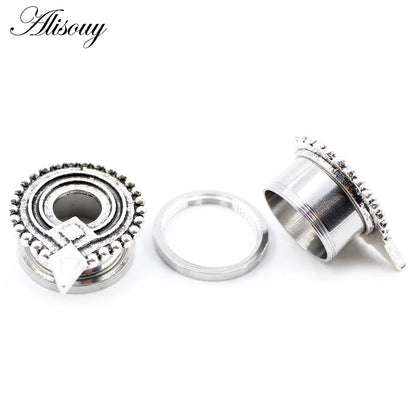 Alisouy 2pcs Stainless Steel Flower Triangle Cone Owl Zircon Star Screw Ear Tunnels Plugs Expander Gauges Body Piercing Jewelry