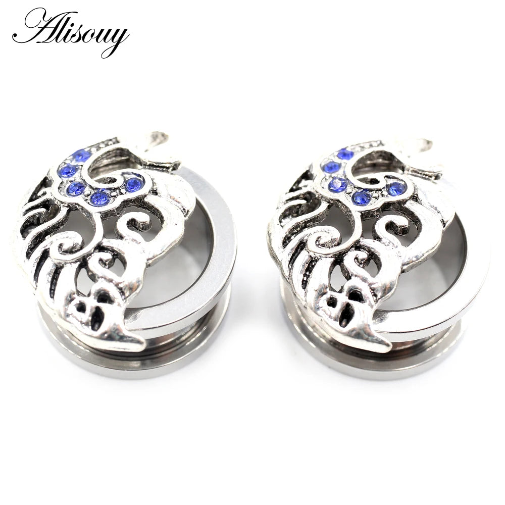 Alisouy 2pcs Stainless Steel Flower Triangle Cone Owl Zircon Star Screw Ear Tunnels Plugs Expander Gauges Body Piercing Jewelry