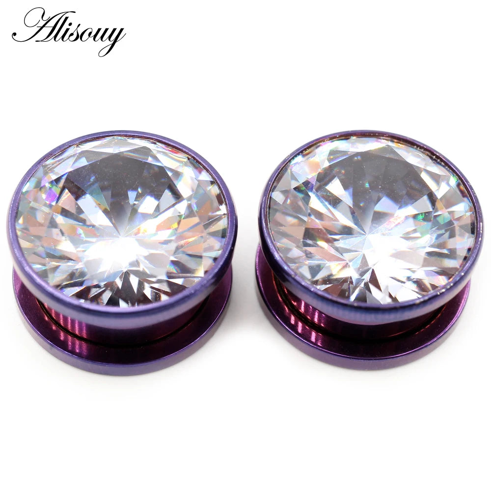 Alisouy 2pcs Stainless Steel Zirconia Crystal Screw Ear Tunnels Plugs Expander Stretcher Gauges Earrings Body Piercing Jewelry