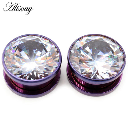 Alisouy 2pcs Stainless Steel Zirconia Crystal Screw Ear Tunnels Plugs Expander Stretcher Gauges Earrings Body Piercing Jewelry