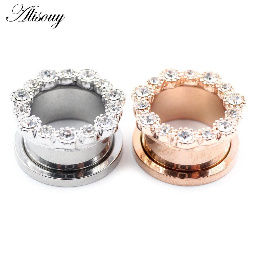 Alisouy 2pcs Stainless Steel Flower Zirconia Moon Star Clock Heart Screw Ear Tunnels Plugs Expander Gauges Body Piercing Jewelry