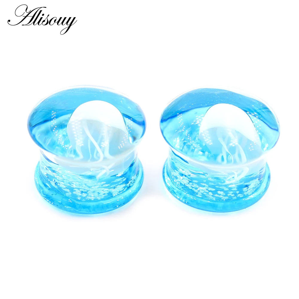 Alisouy 2pcs Transparent Round Glass Luminous Jellyfish Ear Gauges Tunnels Plugs Flesh Stretcher Expander Piercing Body Jewelry