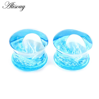 Alisouy 2pcs Transparent Round Glass Luminous Jellyfish Ear Gauges Tunnels Plugs Flesh Stretcher Expander Piercing Body Jewelry