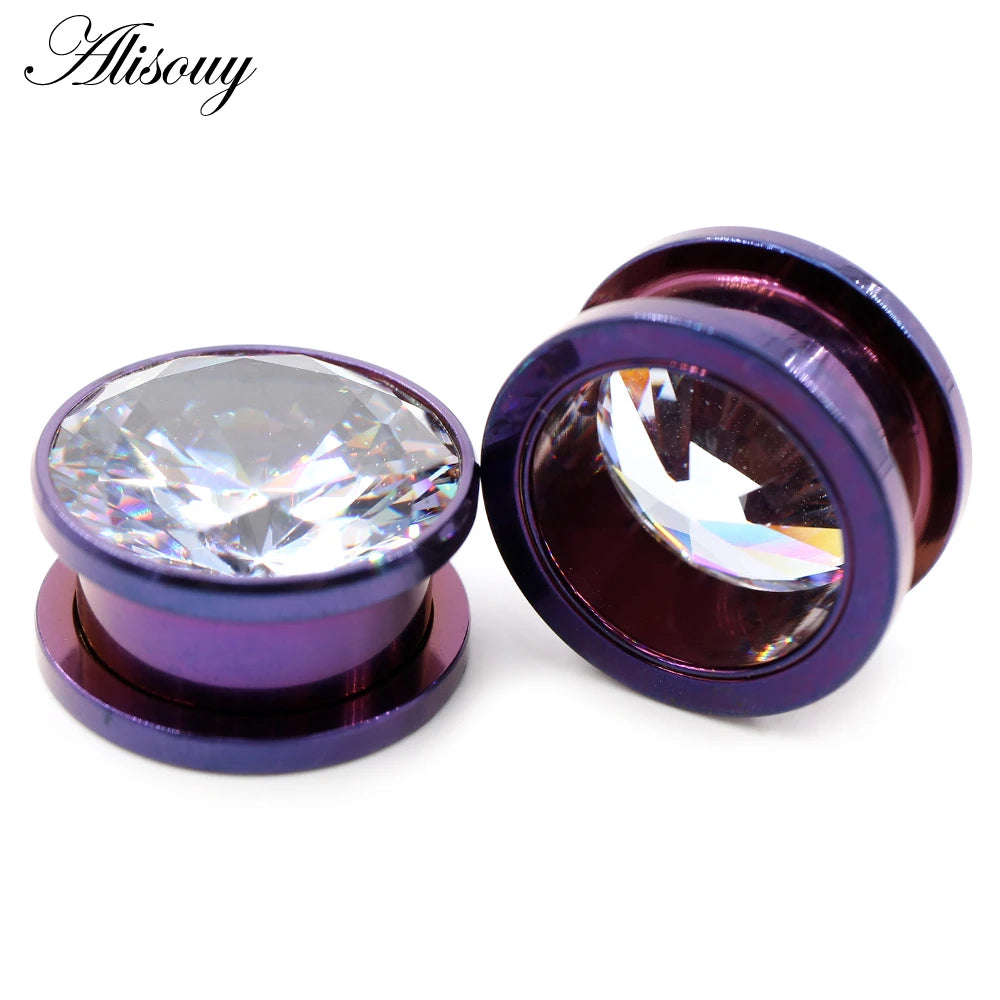 Alisouy 2pcs Stainless Steel Zirconia Crystal Screw Ear Tunnels Plugs Expander Stretcher Gauges Earrings Body Piercing Jewelry