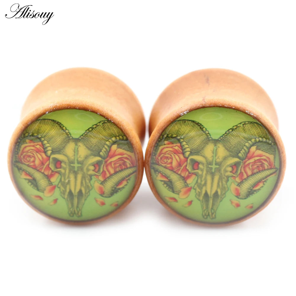 2PCS Wood Sheep Head Cross Epoxy Resin Flared Ear Tunnels Plug Expander Stretcher Gauges Earrings Piercing Body Jewelry