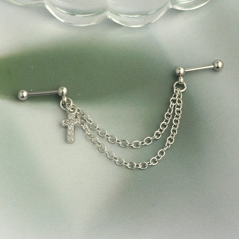 Fashion Double Piercing Chain Stud Earring Industrial Piercing Chain Earrings Tassel Cartilage Helix Jewelry