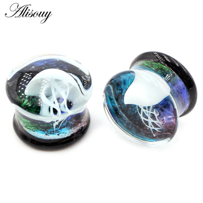 Alisouy 2pcs Transparent Round Glass Luminous Jellyfish Ear Gauges Tunnels Plugs Flesh Stretcher Expander Piercing Body Jewelry