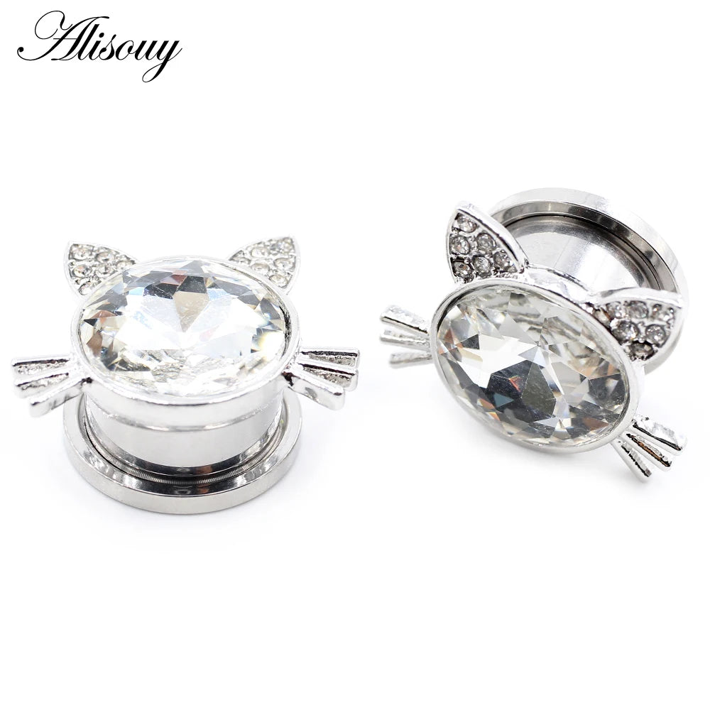 Alisouy 2pcs Stainless Steel Flower Triangle Cone Owl Zircon Star Screw Ear Tunnels Plugs Expander Gauges Body Piercing Jewelry