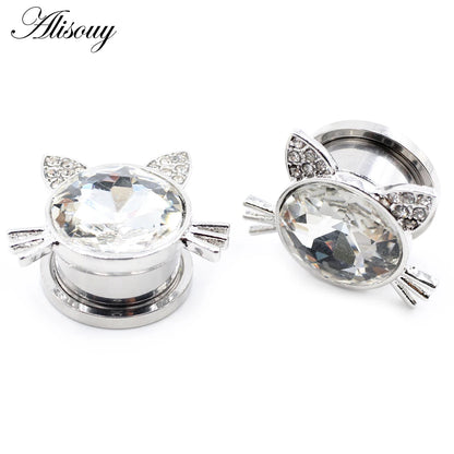 Alisouy 2pcs Stainless Steel Flower Triangle Cone Owl Zircon Star Screw Ear Tunnels Plugs Expander Gauges Body Piercing Jewelry