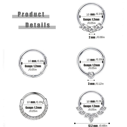 1-5pcs 16G Fashion 316L Stainless Steel CZ Hinged Septum Clicker Nose Hoop Rings,Daith Helix Tragus Cartilage Piercing Jewelry