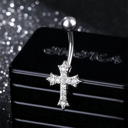 Elegant Stainless Steel Cross Pendant Belly Button Ring with Zircon