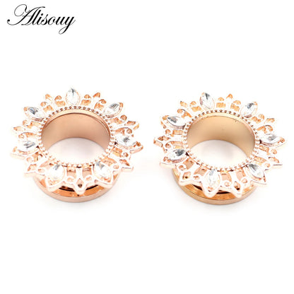 Alisouy 2pcs Stainless Steel Flower Zirconia Moon Star Clock Heart Screw Ear Tunnels Plugs Expander Gauges Body Piercing Jewelry