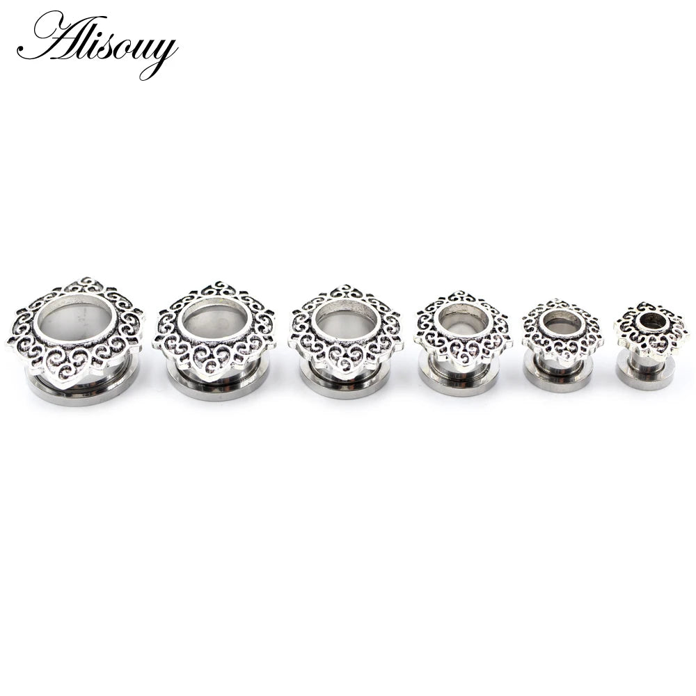 Alisouy 2pcs Stainless Steel Flower Zirconia Moon Star Clock Heart Screw Ear Tunnels Plugs Expander Gauges Body Piercing Jewelry