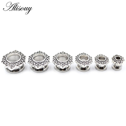 Alisouy 2pcs Stainless Steel Flower Zirconia Moon Star Clock Heart Screw Ear Tunnels Plugs Expander Gauges Body Piercing Jewelry