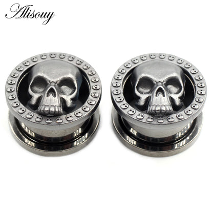 Alisouy 2PCS 8-25mm Stainless Steel Skull Screw Round Ear Gauges Tunnels Plugs Expander Stretcher Earrings Piercing Body Jewelry
