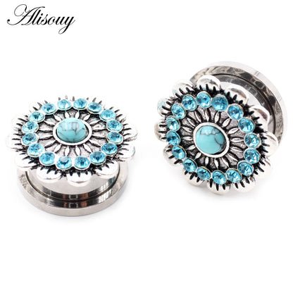 Alisouy 2pcs Stainless Steel Flower Zirconia Moon Star Clock Heart Screw Ear Tunnels Plugs Expander Gauges Body Piercing Jewelry