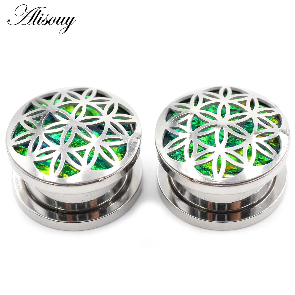 Alisouy 2pcs Retro Stainless Steel Opal Hollow Flower Ear Tunnels Plugs Expander Stretcher Gauges Earrings Body Piercing Jewelry