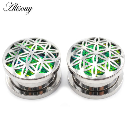 Alisouy 2pcs Retro Stainless Steel Opal Hollow Flower Ear Tunnels Plugs Expander Stretcher Gauges Earrings Body Piercing Jewelry
