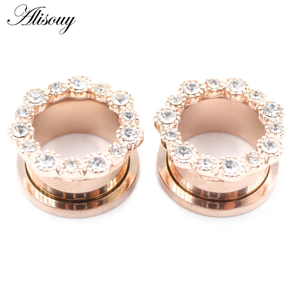 Alisouy 2pcs Stainless Steel Flower Zirconia Moon Star Clock Heart Screw Ear Tunnels Plugs Expander Gauges Body Piercing Jewelry