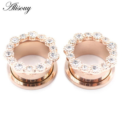 Alisouy 2pcs Stainless Steel Flower Zirconia Moon Star Clock Heart Screw Ear Tunnels Plugs Expander Gauges Body Piercing Jewelry