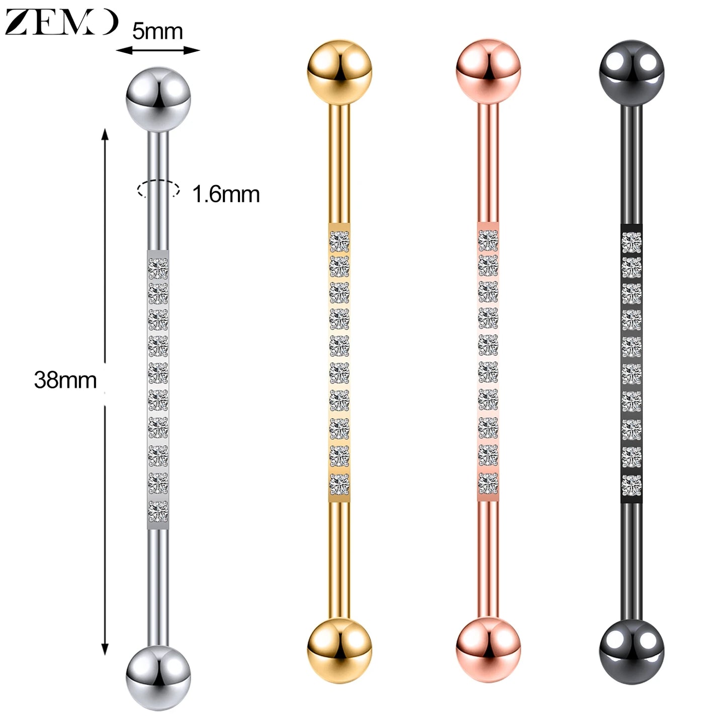 ZEMO 38MM Stainless Steel Industrial Barbell Earrings - Unisex, Multistyle