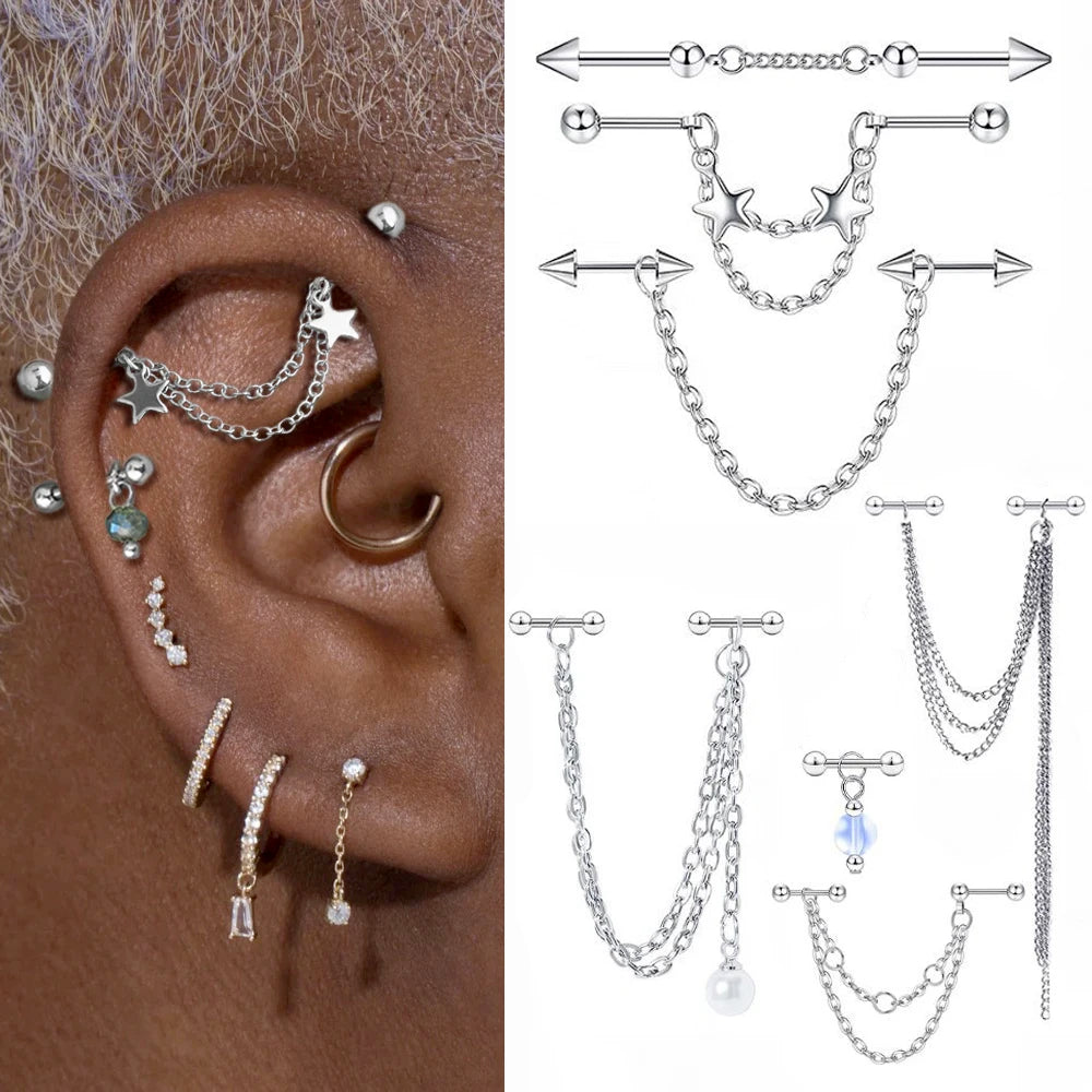 New Silver Color Industrial Piercing Chain Earrings for Women Fashion Ear Cartilage Helix Barbell Surgical Steel Jewelry Gifts