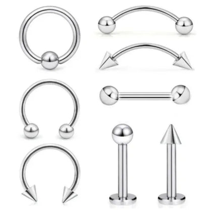 Versatile Stainless Steel Body Jewelry Set - Eyebrow, Nose, Lip, Tongue Rings