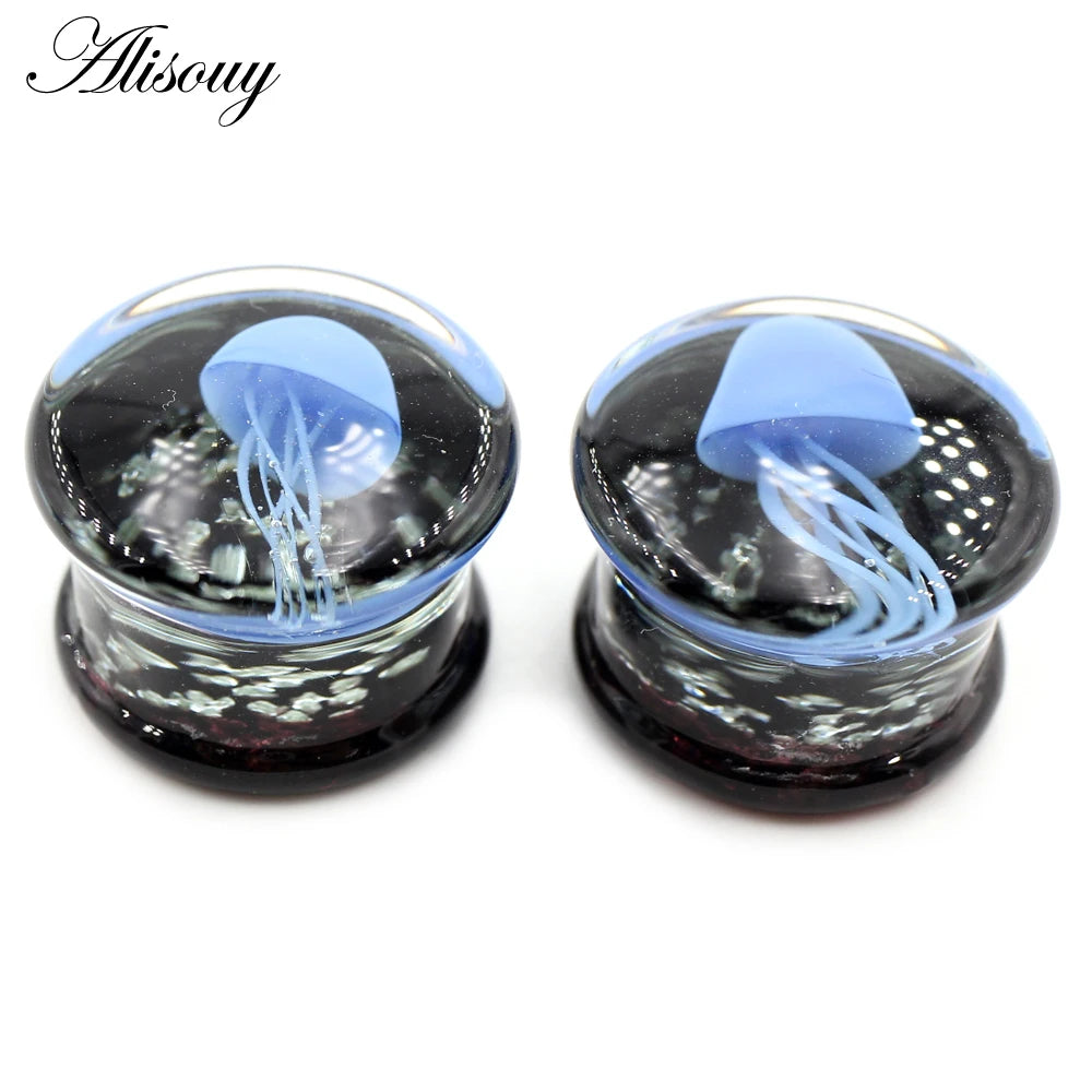 Alisouy 2pcs Transparent Round Glass Luminous Jellyfish Ear Gauges Tunnels Plugs Flesh Stretcher Expander Piercing Body Jewelry