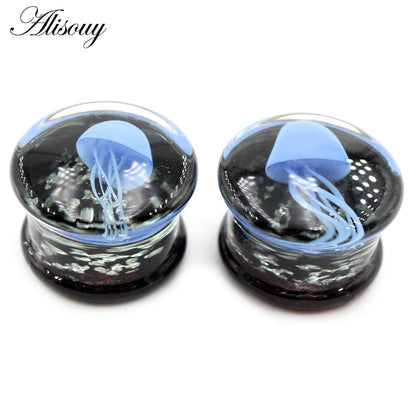 Alisouy 2pcs Transparent Round Glass Luminous Jellyfish Ear Gauges Tunnels Plugs Flesh Stretcher Expander Piercing Body Jewelry