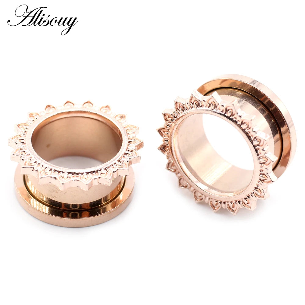 Alisouy 2pcs Stainless Steel Flower Zirconia Moon Star Clock Heart Screw Ear Tunnels Plugs Expander Gauges Body Piercing Jewelry