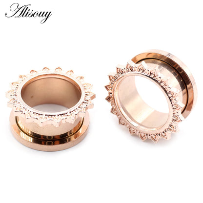 Alisouy 2pcs Stainless Steel Flower Zirconia Moon Star Clock Heart Screw Ear Tunnels Plugs Expander Gauges Body Piercing Jewelry
