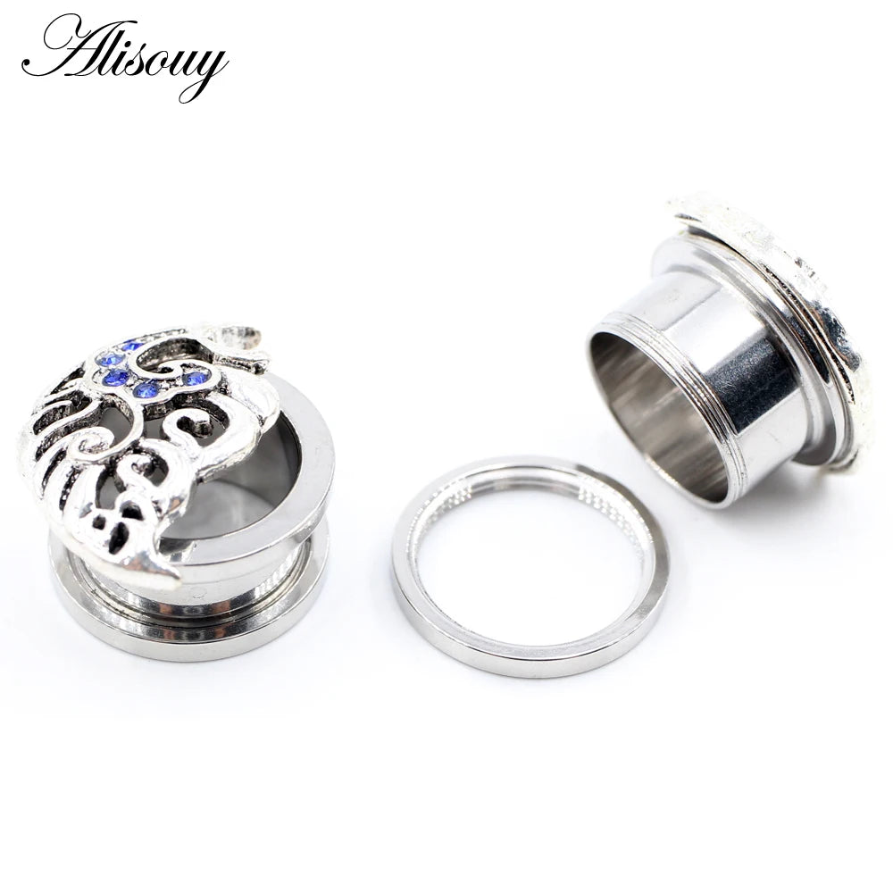 Alisouy 2pcs Stainless Steel Flower Triangle Cone Owl Zircon Star Screw Ear Tunnels Plugs Expander Gauges Body Piercing Jewelry