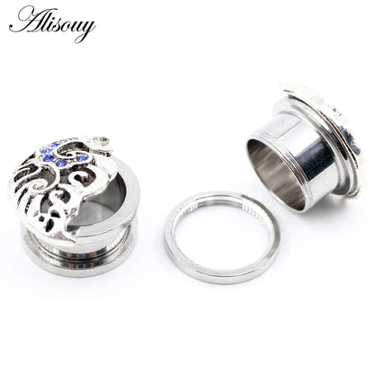 Alisouy 2pcs Stainless Steel Flower Triangle Cone Owl Zircon Star Screw Ear Tunnels Plugs Expander Gauges Body Piercing Jewelry
