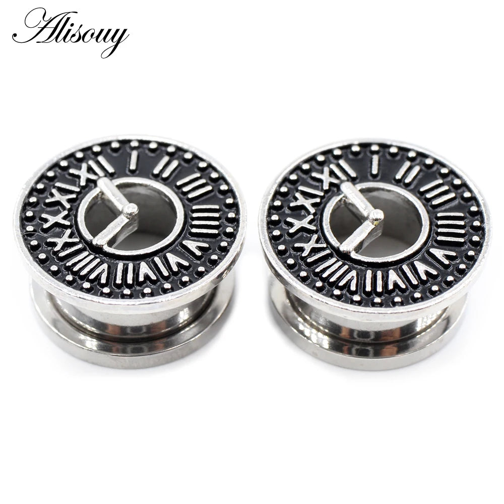 Alisouy 2pcs Stainless Steel Flower Zirconia Moon Star Clock Heart Screw Ear Tunnels Plugs Expander Gauges Body Piercing Jewelry