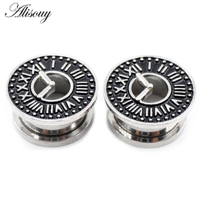 Alisouy 2pcs Stainless Steel Flower Zirconia Moon Star Clock Heart Screw Ear Tunnels Plugs Expander Gauges Body Piercing Jewelry