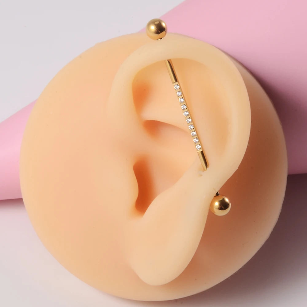 1PC Stainless Steel Industrial Barbell Long Bridge Micro Insert Zircon Earring Transversal Women Ear Piercing Jewelry 16G