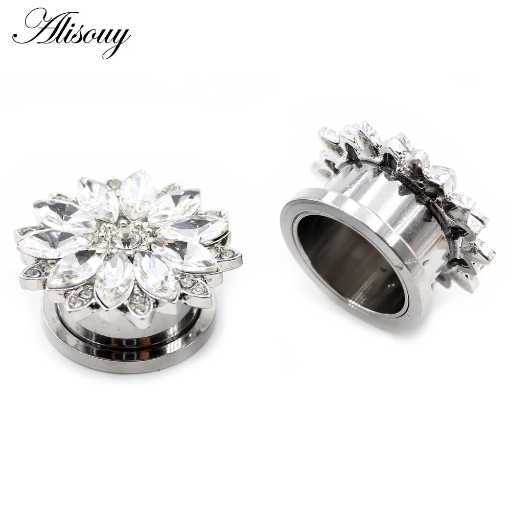 Alisouy 2pcs Stainless Steel Flower Zirconia Moon Star Clock Heart Screw Ear Tunnels Plugs Expander Gauges Body Piercing Jewelry