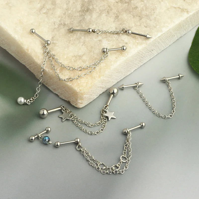 New Silver Color Industrial Piercing Chain Earrings for Women Fashion Ear Cartilage Helix Barbell Surgical Steel Jewelry Gifts