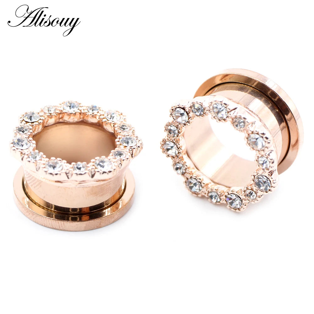 Alisouy 2pcs Stainless Steel Flower Zirconia Moon Star Clock Heart Screw Ear Tunnels Plugs Expander Gauges Body Piercing Jewelry